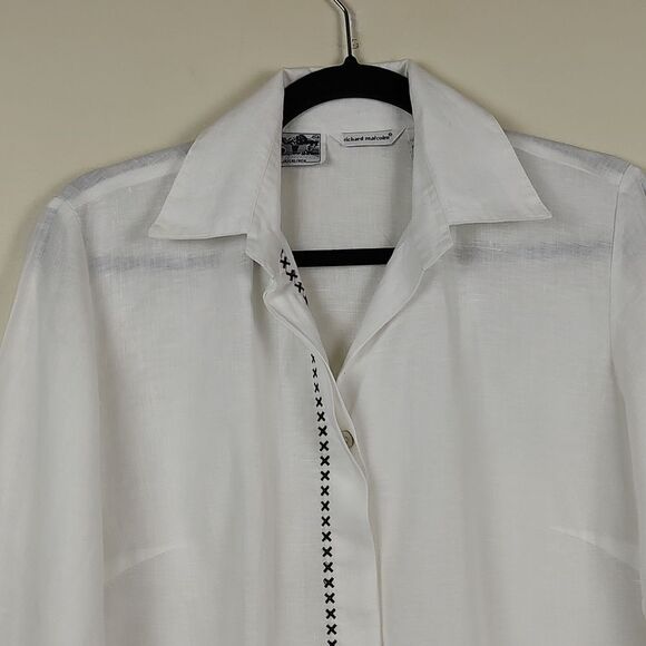 Richard Malcolm Irish Linen Long Sleeve Button Front Blouse Top Black Embroidery - Picture 8 of 14